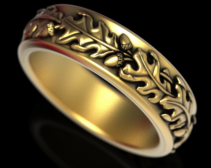 10K Oak Leaf Ring, 14K Acorn Wedding Band, 10K Gold Oak Ring, 14K Nature Wedding Ring, Fall Inspired Ring, Gold Nature Wedding Band, 1889