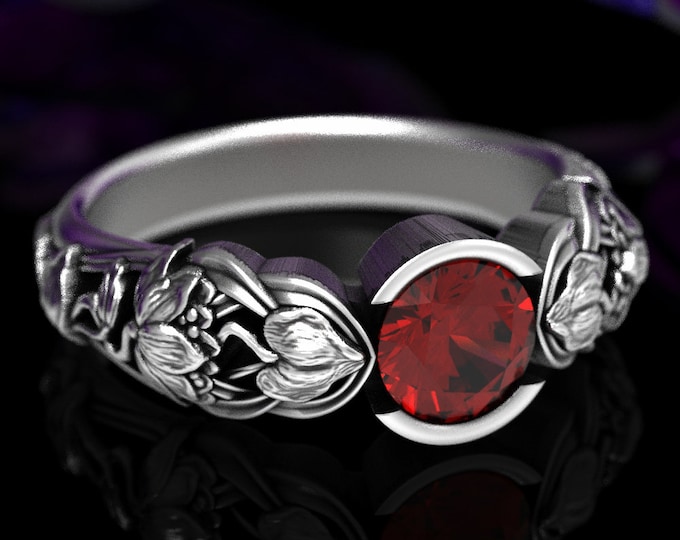 Sterling Ruby Art Nouveau Ring, Ruby Engagement Ring, Art Nouveau Engagement Ring, Lotus Flower Ring, Silver Flower Engagement Ring, 1659