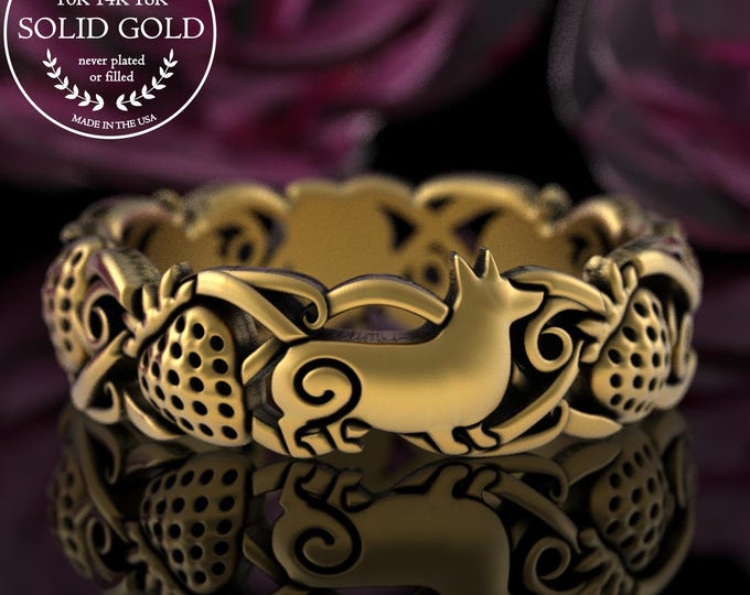 Gold Welsh Corgi & Strawberry Ring, 14K Pure-Bred Dog Ring, Gold Pet Remembrance Jewelry, White Gold Dwarf Dog, Platinum Dog Mom Gift, 5707