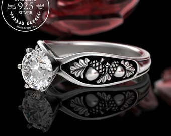 Sterling Forest Bride Engagement Ring, Moissanite Autumn Wedding Ring, Oak Leaf Nature Ring, Acorn Pagan Solitaire Ring, Fall Equinox, 5008