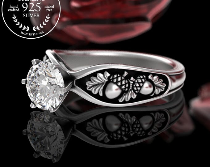 Sterling Forest Bride Engagement Ring, Moissanite Autumn Wedding Ring, Oak Leaf Nature Ring, Acorn Pagan Solitaire Ring, Fall Equinox, 5008