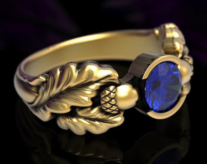 Gold Acorn Ring, Gold Sapphire Engagement Ring, Nature Engagement Ring, Gold Leaf Wedding Ring, Oak Tree Ring, Gold Tree Wedding Ring, 1604