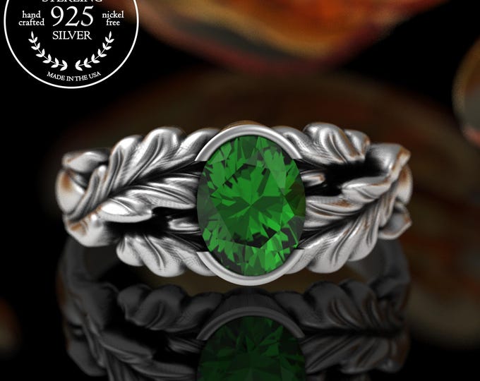 Sterling & Emerald Forest Statement Ring, Silver Oak Leaves Oval Engagement Ring, Botanical Fall Wedding Bridal Ring, 5561