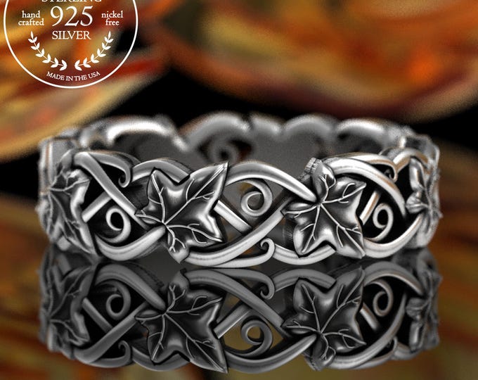 Sterling Art Nouveau Ivy Vine Ring, Silver Botanical Wedding Band for Woman, English Ivy Jewelry, 5709