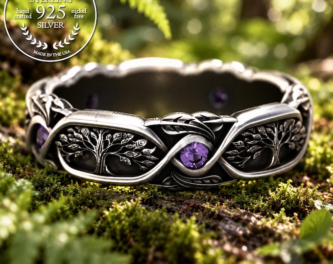 Womans Botanical Tree Ring, Amethyst Sapphire Emerald Tree of Life Wedding Band, Sterling Art Nouveau Leaf Ring, Bride's Forest Ring, 2003