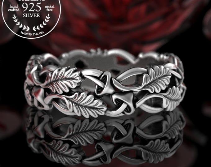 Sterling Mushroom Nature Ring, Silver Botanical Forest Wedding Ring, Leaves Pagan Wedding Ring, Fall Harvest Ring, Plant Medicine Ring, 5301