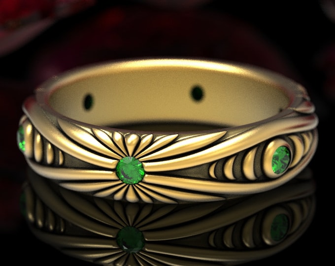 Gold & Emerald Moon Phase Ring, Gold Moon Wedding Ring, Moon Wedding Band, Sun Moon Ring, Emerald Gold Wedding Band, Gold Moon Ring, 1538