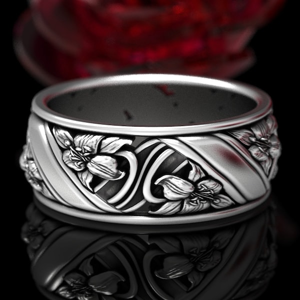 Lily Flower Ring, Floral Wedding Ring, Sterling Silver Flower Wedding Ring, Art Nouveau Wedding Band, Botanical Wedding Band, 1527