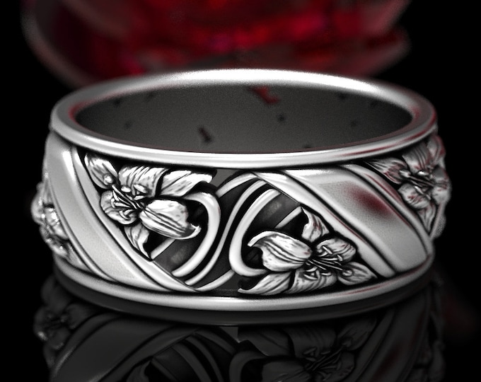Lily Flower Ring, Floral Wedding Ring, Sterling Silver Flower Wedding Ring, Art Nouveau Wedding Band, Botanical Wedding Band, 1527