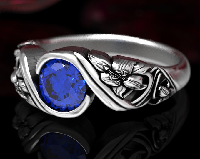 Sterling Floral Engagement Ring, Sapphire Lily Flower Ring, Bridal Nature Wedding Ring, Botanical Proposal, Silver Bezel Style Ring, 1528