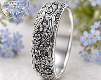 Forget-me-not Wedding Ring, Sterling Silver Art Nouveau Ring, Flower Wedding Band, Art Nouveau Floral Ring, Nature Inspired Ring DB284-R1
