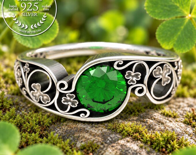 Emerald Clover Ring, Clover Engagement Ring, Emerald Silver Engagement Ring, Art Nouveau Ring, Lucky Clover Ring, Silver Clover Ring, 1547