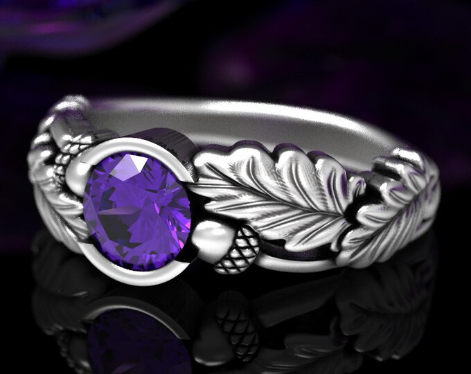 Leaf Engagement Ring, Oak Leaf Ring, Sterling Silver & Amethyst Engagement Ring, Silver Leaf Ring, Fall Wedding Ring, Acorn Ring, 1603