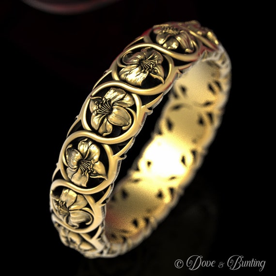 Gold Lily Flower Ring, Gold Art Nouveau Ring, White Gold Flower Ring, Nature Wedding Ring, Flower Wedding Ring, Platinum Flower Ring, 1576