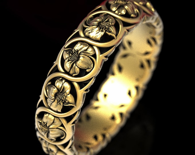 Gold Lily Flower Ring, Gold Art Nouveau Ring, White Gold Flower Ring, Nature Wedding Ring, Flower Wedding Ring, Platinum Flower Ring, 1576