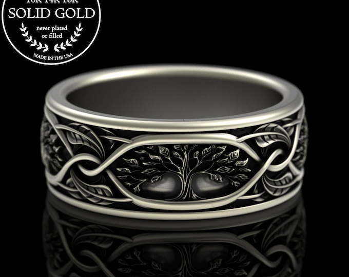 White Gold Blooming Family Tree Ring, 14K Men's Botanical Forest Ring, Platinum Tree of Life Wedding Band, Gold Father's Day Ring, 2075