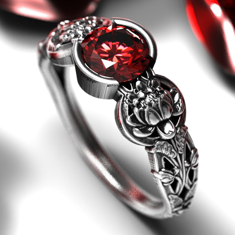 Waterlily Wedding Ring Lotus Ruby Ring DB177-R1A Sterling Silver Art Nouveau Ring Ruby Ring with Lotus Floral Engagement Ring