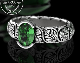 Emerald Monstera Engagement Ring, Sterling Amethyst Monstera Ring, Botanical Bridal Oval Wedding, Sapphire Womens Jungle Plant Ring, 3009