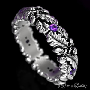 Sterling Silver Oak Ring, Amethyst Wedding Ring, Silver Acorn Ring, Nature Wedding Ring, Silver Leaf Ring, Oak Ring, Forest Wedding, 1612