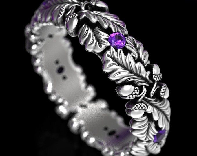 Sterling Silver Oak Ring, Amethyst Wedding Ring, Silver Acorn Ring, Nature Wedding Ring, Silver Leaf Ring, Oak Ring, Forest Wedding, 1612