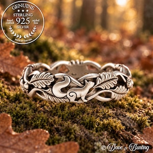 Squirrel & Acorn Ring, Oak Leaf Tree Wedding Band, Sterling Silver Squirrel Jewelry, Forest Wedding Ring, Nature Inspired Ring, 5540