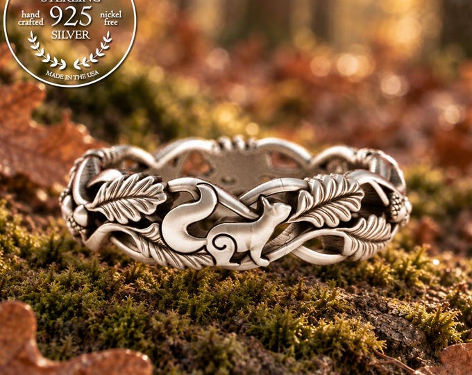 Squirrel & Acorn Ring, Oak Leaf Tree Wedding Band, Sterling Silver Squirrel Jewelry, Forest Wedding Ring, Nature Inspired Ring, 5540