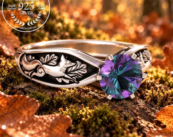 Fox Alexandrite Engagement Ring, Sterling Foxes Forest Wedding Ring, Foxes & Oak Leaves Bridal Ring, Silver Women Nature Solitaire Ring 3150