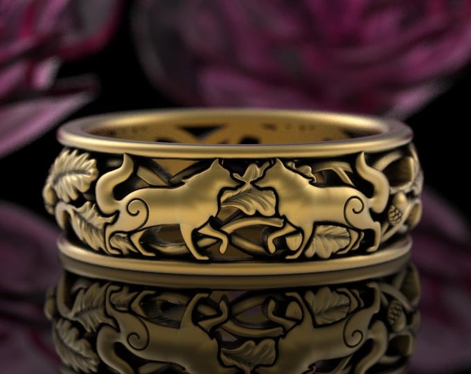 Mens Two Wolves Wedding Ring in Gold, 10K 14K 18K Wolf Soulmates Wedding Band for Groom, Platinum Botanical Nature Handfasting Ring, 5911