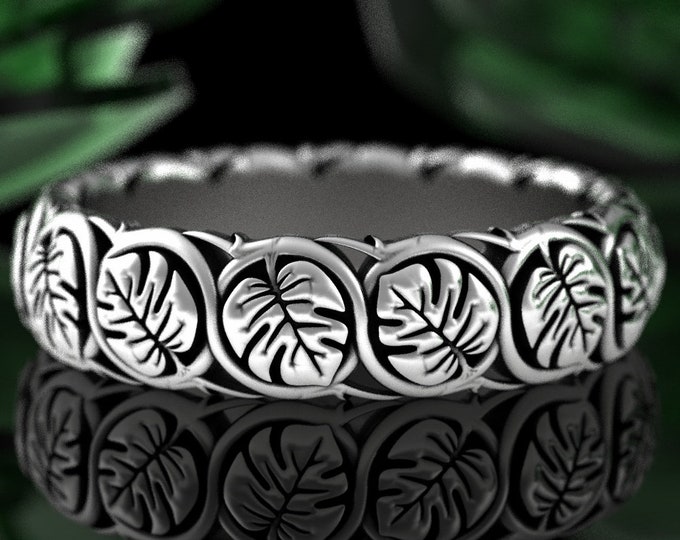 Monstera Wedding Ring, Sterling Silver Monstera Ring, Nature Wedding Band, Nature Inspired Ring, Silver Plant Ring, Botanical Ring, 3007