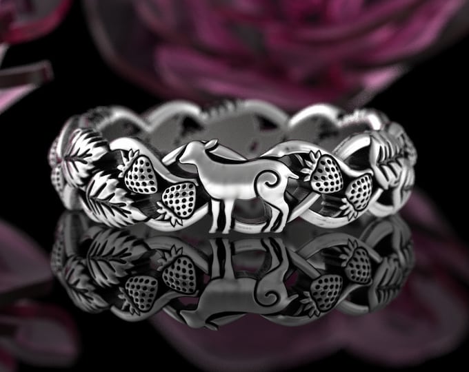 Lamb & Strawberry Vine Ring, Sterling Sheep Nature Ring, Silver Wild Strawberries, Farm Animal, Berry Wedding Band, Womens Baby Lamb, 5404