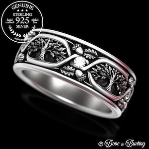 Moissanite Tree of Life Ring for Man, Sterling Pagan Union Ring, Art Nouveau Groom's Botanical Wedding Band, Silver Emerald Oak Leaves, 2032