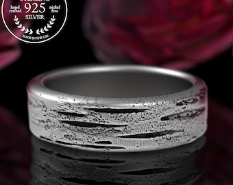 Groom's Sterling Aspen Tree Wedding Ring, Silver Birch Bark Wedding Band, Beech Forest Ring, Botanical Rustic Jewelry, 5222
