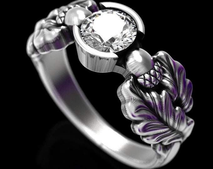 Nature Engagement Ring, Oak Leaf Ring, Sterling Silver & Moissanite Engagement Ring, Acorn Wedding Ring, Fall Wedding Ring, Leaf Ring, 1604