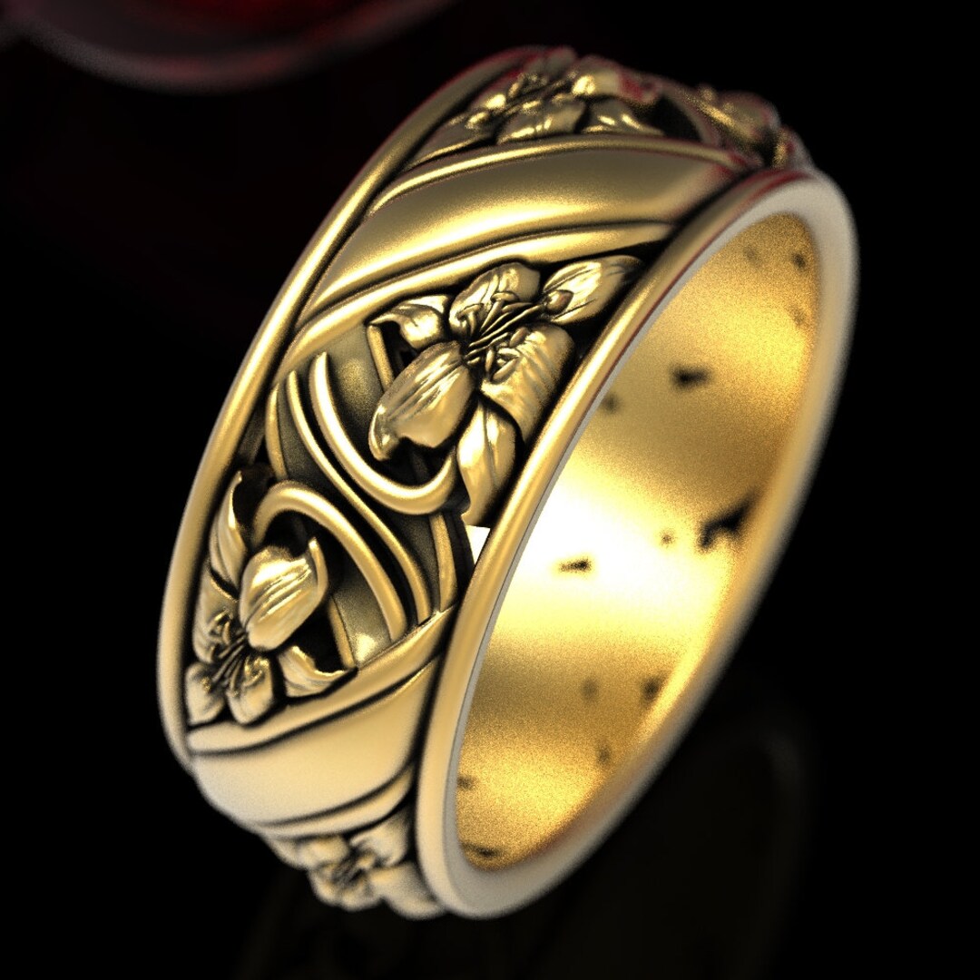 Lily Wedding Band Gold Floral Wedding Ring Flower Wedding Etsy