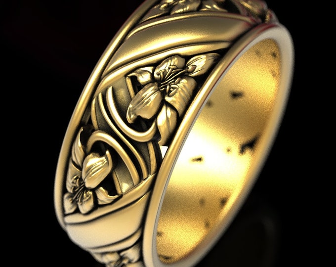 Lily Wedding Band, Gold Floral Wedding Ring, Flower Wedding Ring, Art Nouveau Wedding Ring, Nature Inspired Ring, Flower Ring, 1527