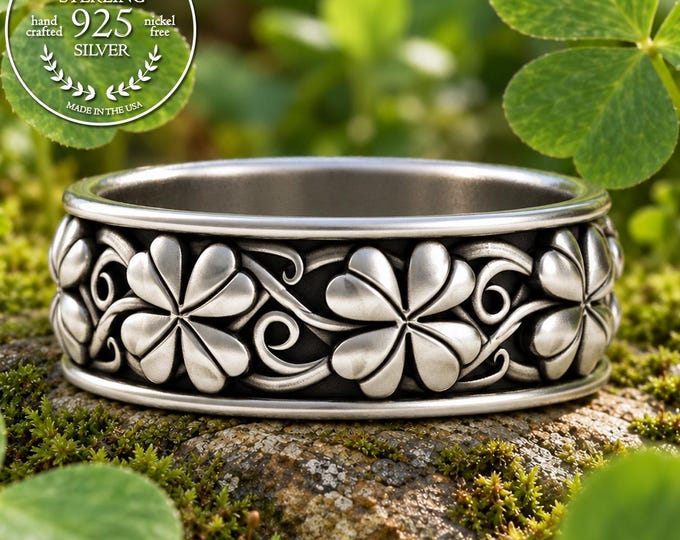 Mens Sterling Four Leaf Clover Ring, Silver Shamrock Ring for Groom, Silver Botanical Ring, Lucky Clover Ring, 925 Clover Wedding Band, 5041