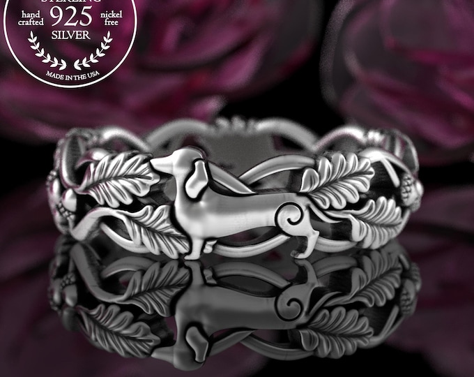 Sterling Dachshund Ring, Loyal Doxie Pet Lover Gift, German Dog Breed, Dog Pedigree Jewelry, Dog Show Ring, Silver Hunting Dog Ring, 5516