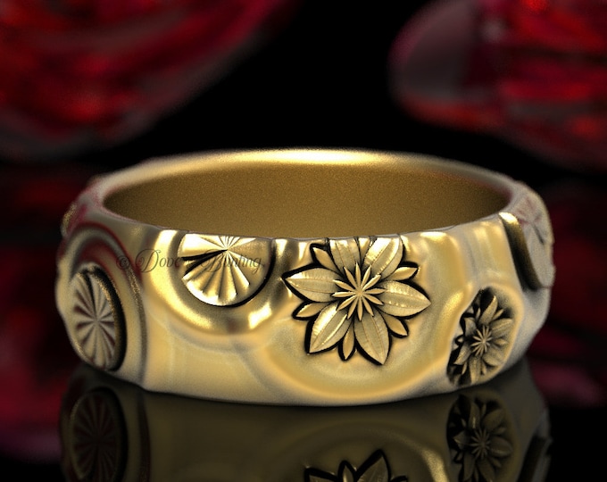 Gold Lotus Wedding Ring, Lily Pad Ring, Zen Lotus Ring, Art Nouveau Ring, Flower Wedding Ring, Buddhist Ring, Gold Flower Ring, 1474