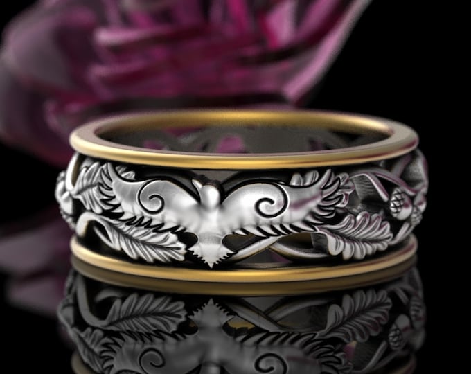 2tone Raven Wedding Ring, Sterling + 10K Gold Forest Bird Ring, Soaring Raven Wings Wedding Band, Gold Silver Men's Blackbird Ring, 5807