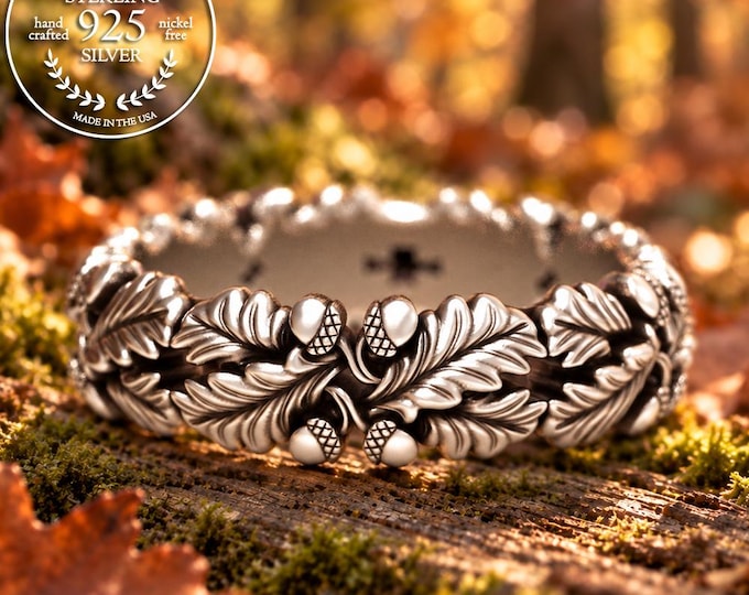 Woman's Sterling Silver Oak Ring, Nature Wedding Band, Silver Autumn Wedding Leaves Ring, Forest Acorn Ring, Pagan Wedding Ring, 1606