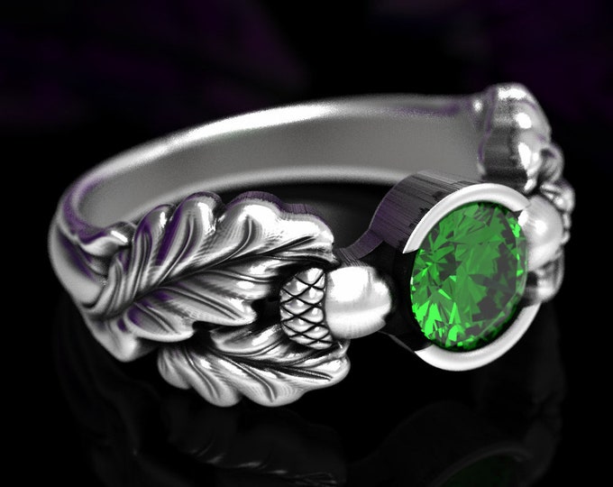 Sterling Silver & Emerald Engagement Ring, Nature Engagement Ring, Oak Leaf Ring, Acorn Wedding Ring, Fall Wedding Ring, Leaf Ring, 1604