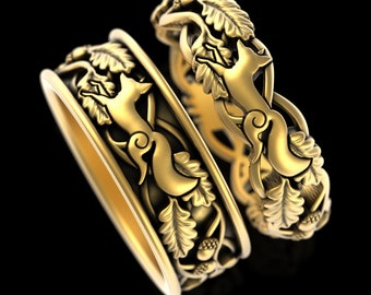 His Hers 10K Gold Fox Wedding Set, 14K 18K Matching Forest Rings, White Gold Bride Groom Wedding Bands, Running Foxes Nature Ring, 5541 5549