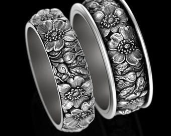 His Hers Botanical Wedding Ring Set, Sterling Wild Rose Matching Wedding Bands, Silver Floral Art Nouveau Bride Groom Handfasting, 5020 5021