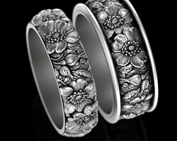 His Hers Botanical Wedding Ring Set, Sterling Wild Rose Matching Wedding Bands, Silver Floral Art Nouveau Bride Groom Handfasting, 5020 5021