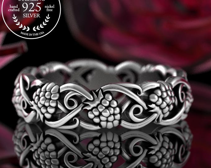 Sterling Raspberries Ring, Silver Mulberry Ring, Forest Berry Thicket Wedding Band, Fruit Jewelry, Gardener Ring, Vegan Statement Ring, 5706