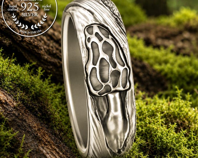Sterling Wild Morel Ring, Silver Mushroom & Forest Log Ring, Mushroom Wedding Band, Hobbit Jewelry, 3344