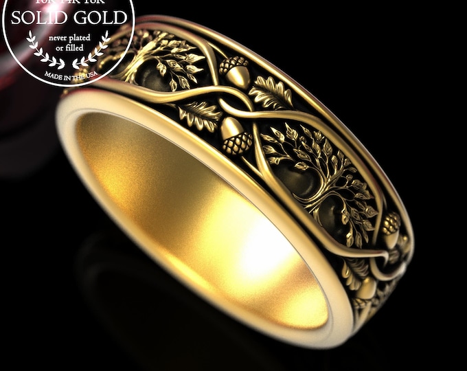 Gold Great Oak Tree Wedding Band, Grooms Pagan Handfasting Ceremony Ring, 10K Men Druid Ring, 14K Forest Anniversary Ring, Forest Grove 2021