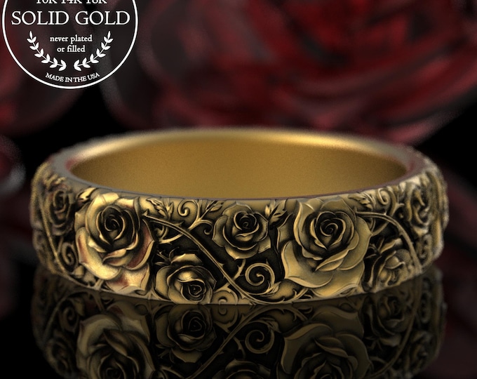 14K Woman's Rose Wedding Band, Gold Blooming Roses Ring, Lady Gold Anniversary Flower Ring, 5225
