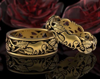 10K Gold Raccoon Wedding Ring Set, 14K Matching Soulmate Animal Wedding Bands, White Gold Forest Handfasting, Platinum Nature Ring 5539 5534
