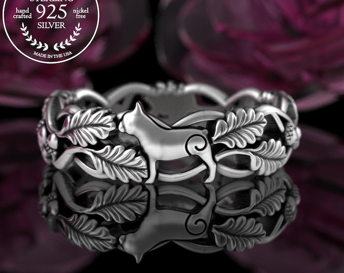 Sterling Frenchie Pug Boston Terrier Ring, Silver French Bulldog Wedding Ring, Terrier Dog Ring,  925 Silver Small Dog & Forest Ring, 5515